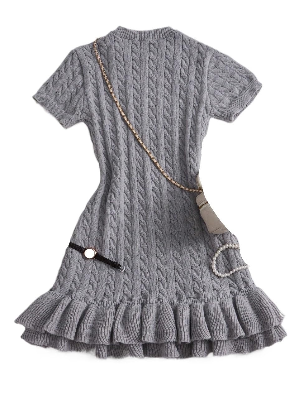 Womens Sweater Dress Winter Clothes Round Neck Short Sleeves Ruffle Hem Slim Knit Dress