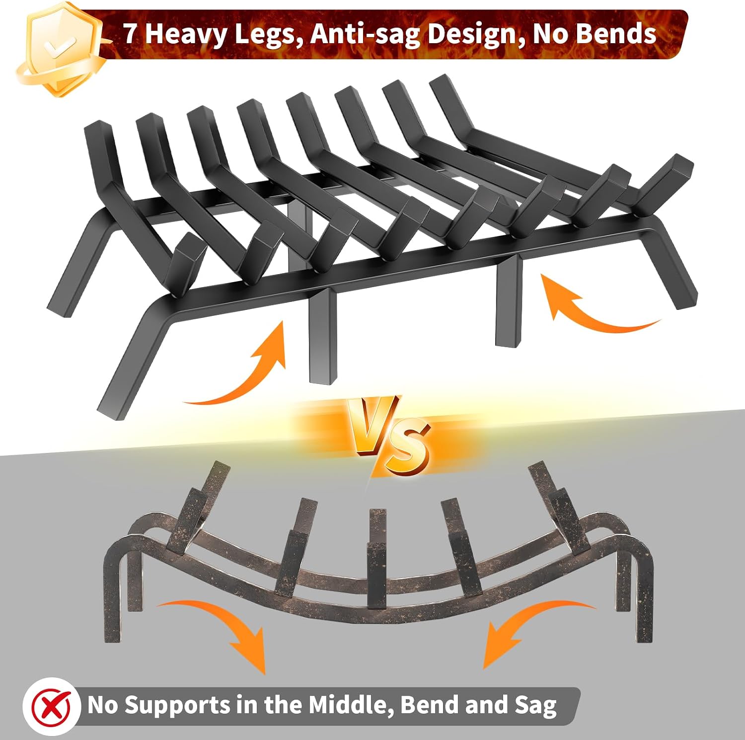Fireplace Grate 24 Inch, Solid Steel Heavy Duty Fireplace Log Holder with 7 Support Legs, Firewood Burning Rack for Indoor Fireplace Outdoor In-ground Firepit
