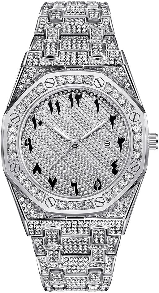 Hip Hop Watches for Men Octagon Iced-Out Bling Diamond Luxury Quartz Watches with Date