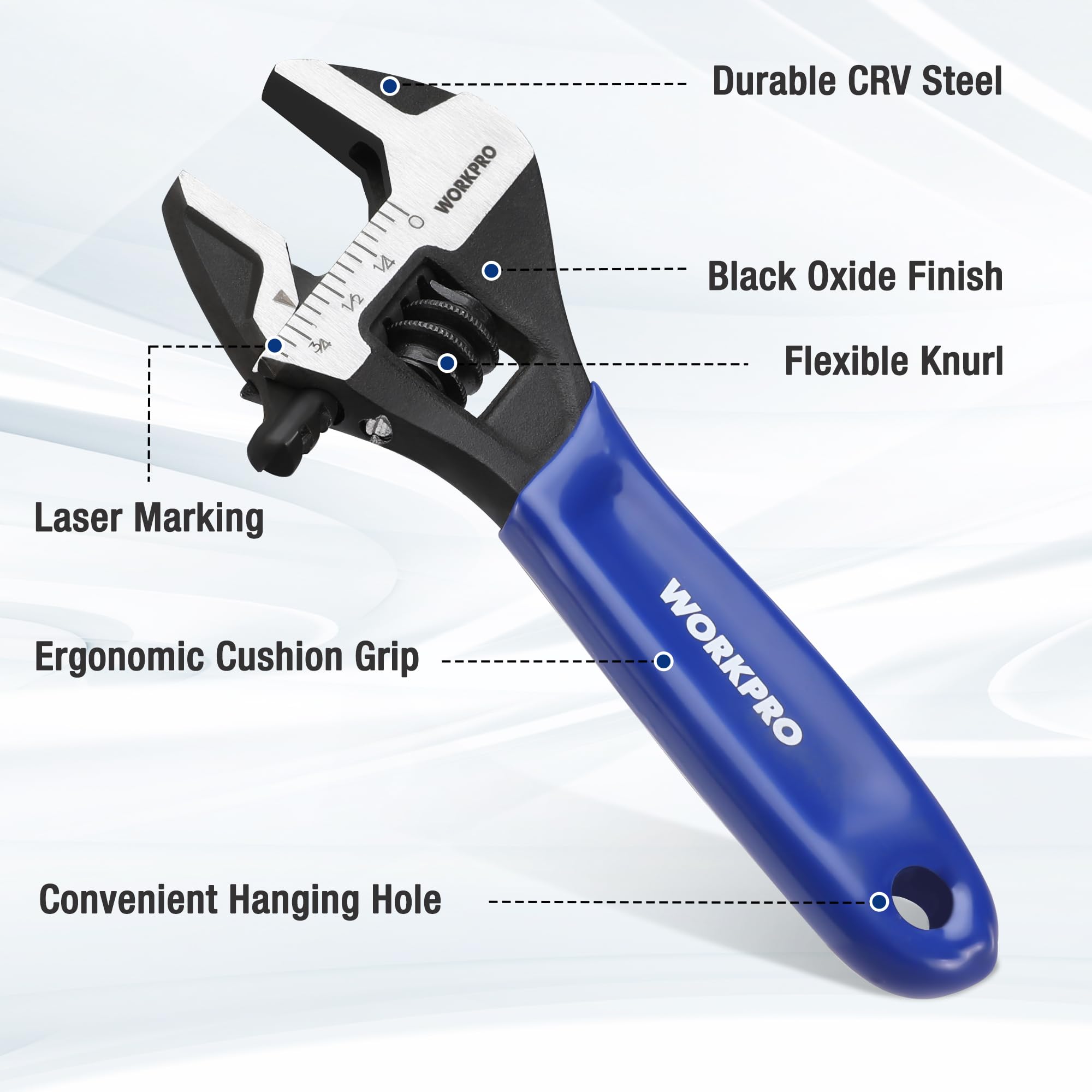 WORKPRO 4-Inch Mini Adjustable Wrench, Cr-V Steel Wide Jaw Black Oxide Wrench for Small Nuts, Metric & SAE Scales, for Home, Workshop and DIY