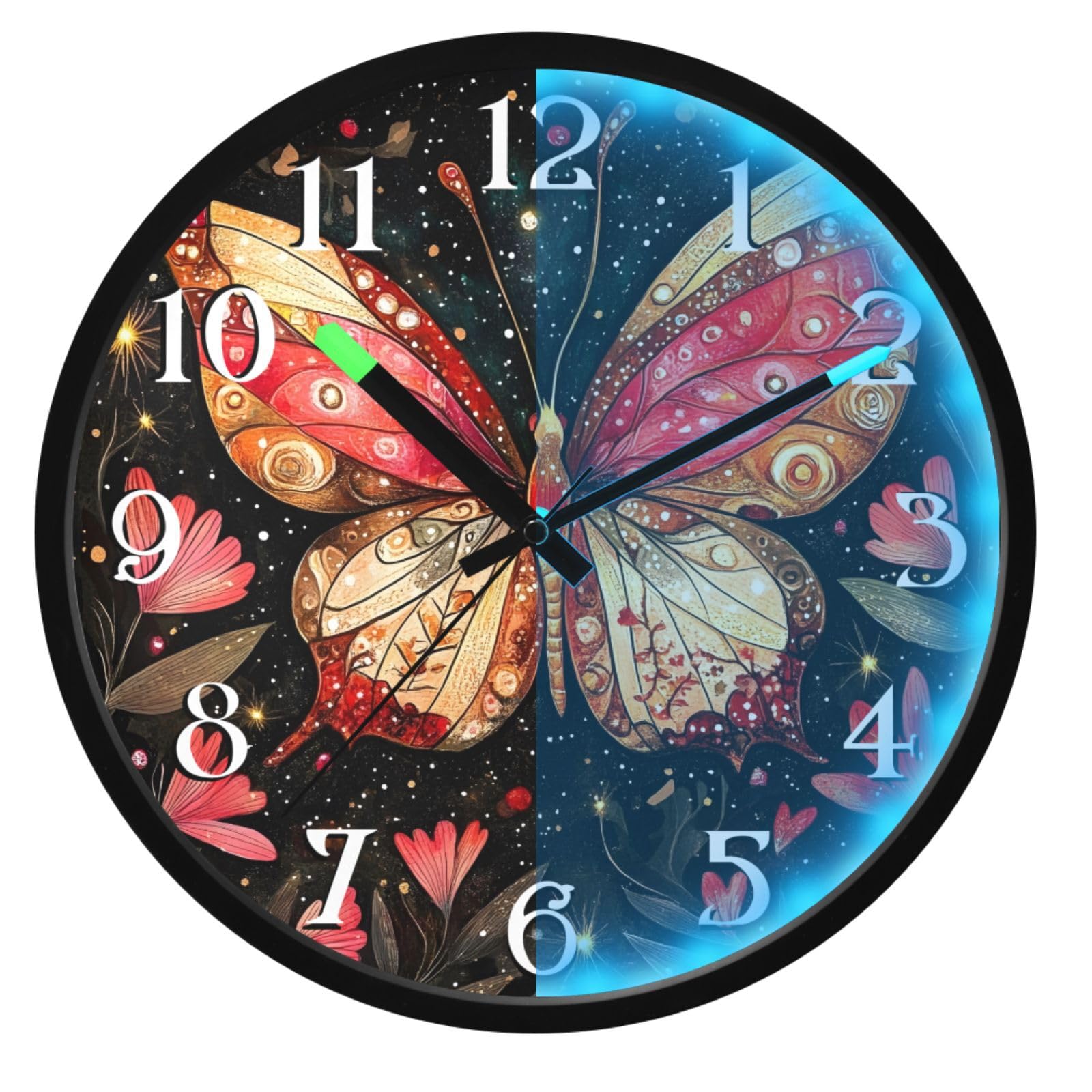Mnsruu Reloj de pared luminoso con diseño de mariposa roja y luna, funciona con pilas, reloj silencioso que brilla en la oscuridad, para sala de estar, cocina, 30,5 cm