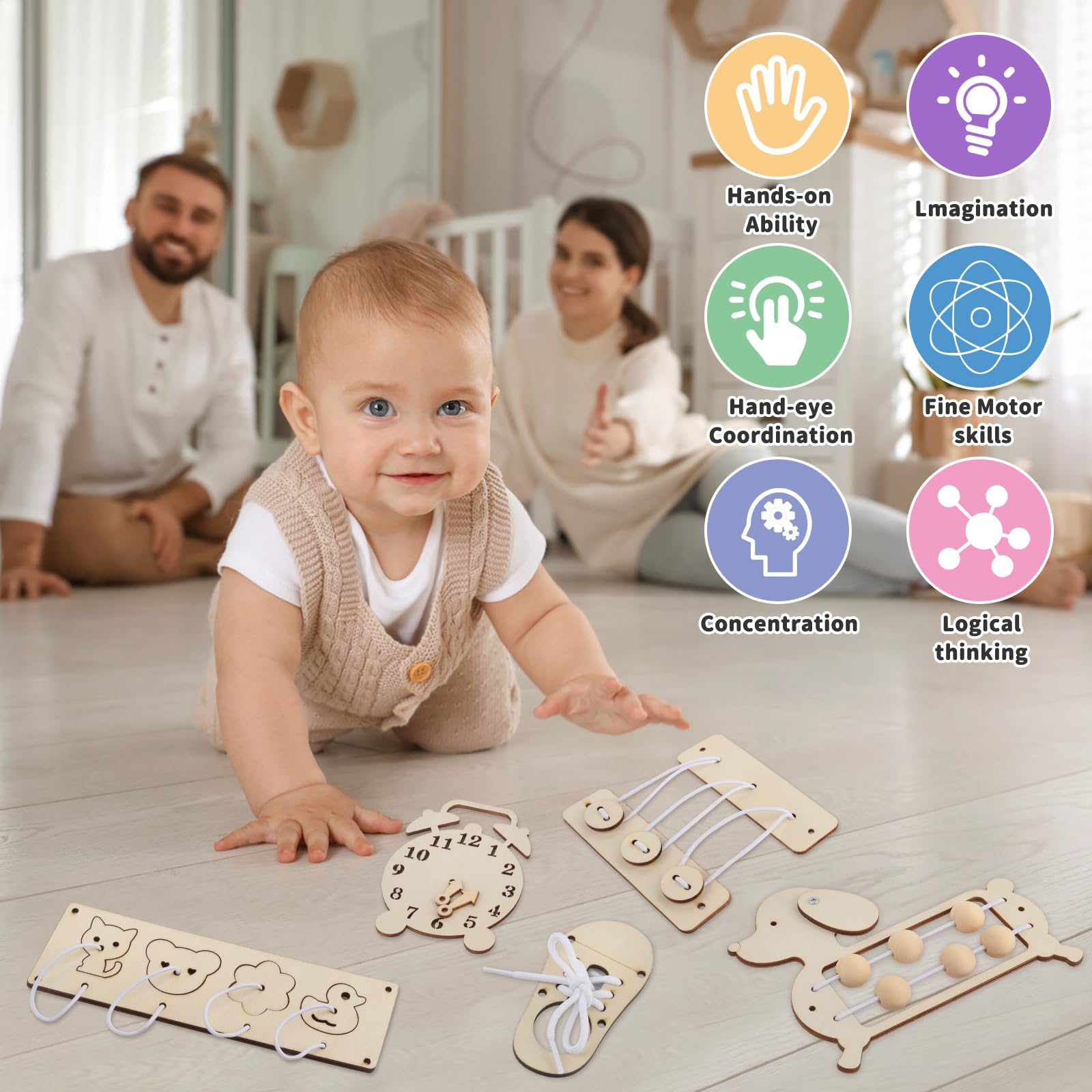 Mineup – Planche D’activités Montessori En Bois – 5 Pièces DIY – Accessoires Sensoriels Et éducatifs – Dès 3 Ans