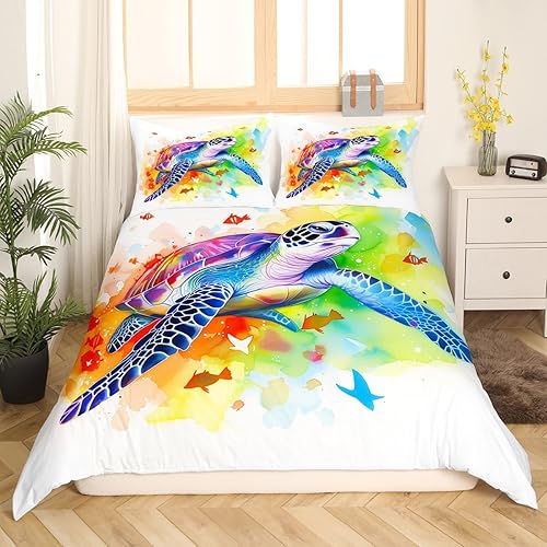 Miniatura 3 de Juego de funda de edredón de tortuga de teñido anudado, tamaño Queen, acuarela, tortuga marina, mariposa, juego de ropa de cama para niñas