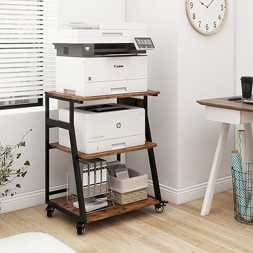 Natwind Soporte de impresora grande de 23.6 x 19.7 pulgadas, mesa de impresora de 3 niveles con estación de carga, carrito rodante con estante de