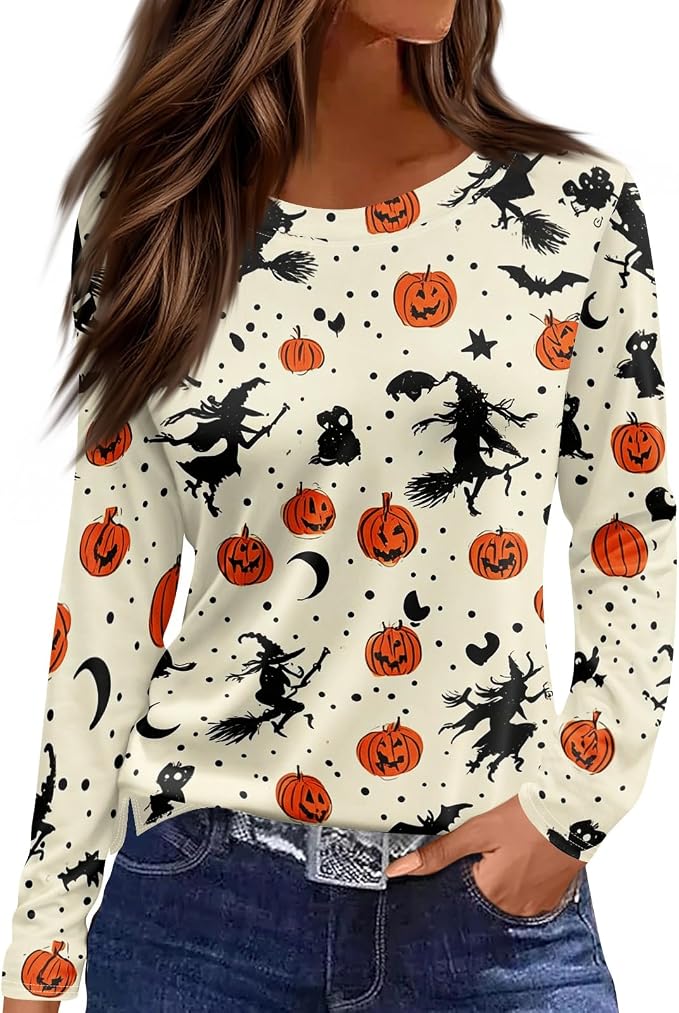 Halloween Shirts for Women Skeleton Crew Neck 3/4 Sleeve Tee Ghost Witch Blouse Dancing Skeleton Shirt Pumpkin Top