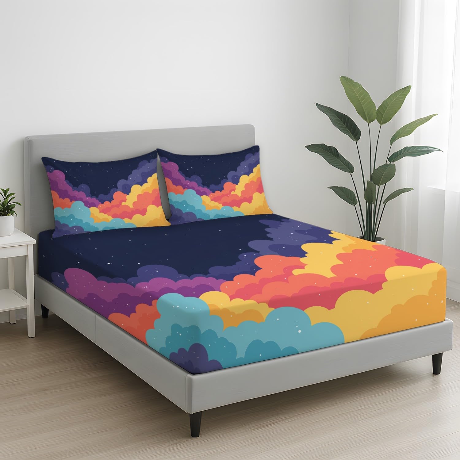 Traumhaft Weltraum Spannbettlaken 140 x 200 x 30 cm 3teilig Märchen Bunt Wolke Spannbetttuch Set für Kinder Jugendliche Erwachsene weich Mikrofaser Bettwäsche Dekor