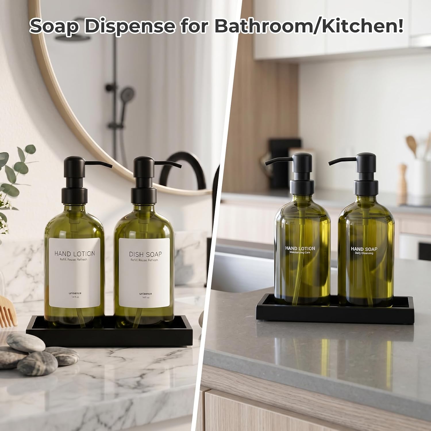 2 Packs Glass Dish Soap Dispenser Set for Kitchen, Hand and Dish Soap Dispenser with Stainless Steel Pump & Resin Tray, Rental-Modern Refillable Countertop Soap Dispenser for Bathroom,Olive Green