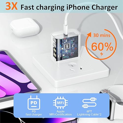 Miniatura 3 de Cargador rápido para iPhone, cargador de iPhone de carga rápida, paquete de 2 unidades PD de 6 pies tipo C tipo C, cable rápido USB C a Lightning,