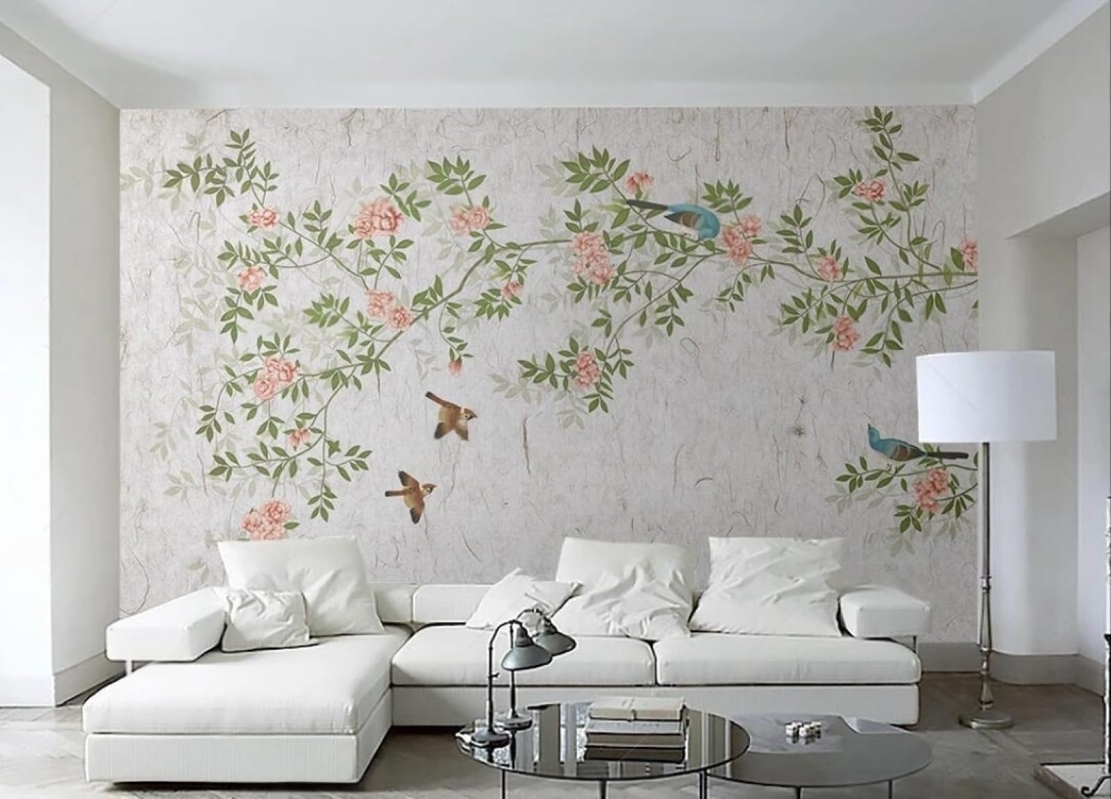 Papier Peint Panoramique 3D Chinois Fleurs Rouges et Oiseaux Tapisserie Murale Salon 430x300 cm