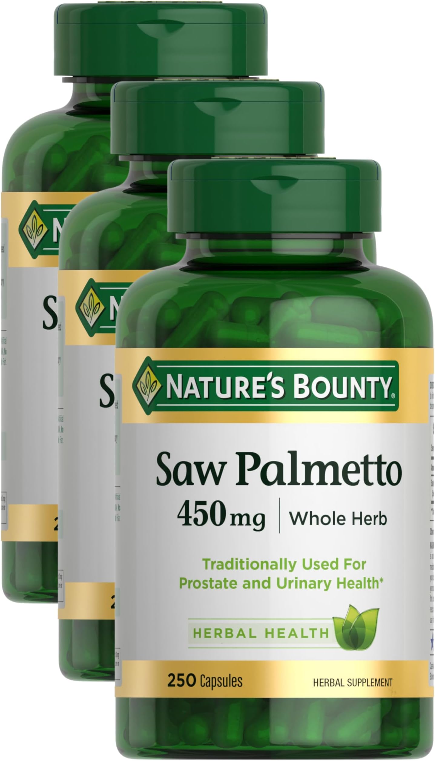 Nature's Bounty Saw Palmetto Support for Prostate and Urinary Health, Herbal Health Supplement, 450mg, 250 Capsules (Pack of 3)