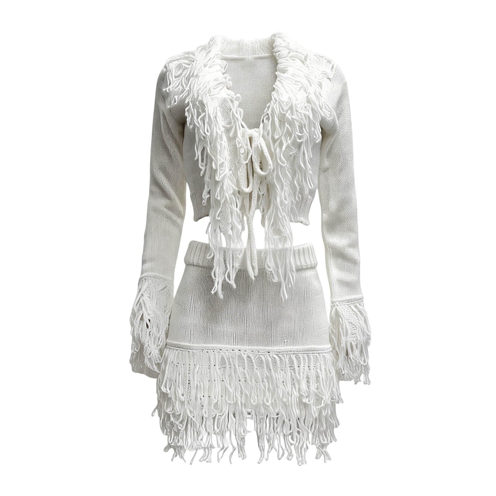 Gonna Aderente a Maniche Lunghe con Frange lavorate a Maglia e Cravatta, Elegante Abito da Festa per Autunno Inverno