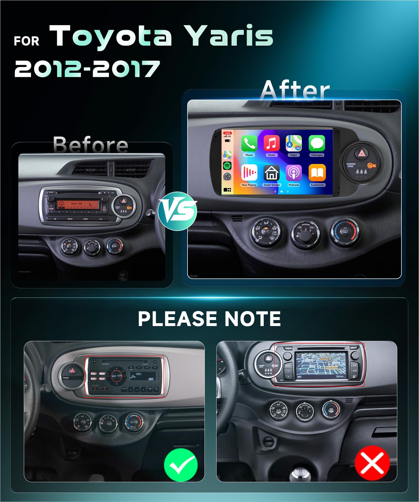 2G&64G 9" Autoradio per Fiat Toyota Yaris Grmn 2012-2017 con Carplay Android Auto,touchscreen Bluetooth RDS/FM Radio,Mirror link,Wi-Fi GPS Navigazione/Telecamera posteriore AHD/CANBUS