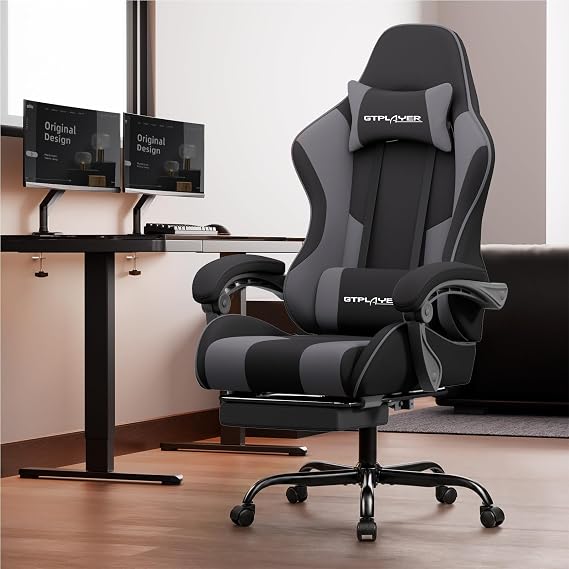 GTPLAYER Gaming Chair, Computer Chair with Footrest and Lumbar Support, Height Adjustable Game Chair with 360-Swivel Seat and Headrest and for Office or Gaming (Darkgray, Fabric)