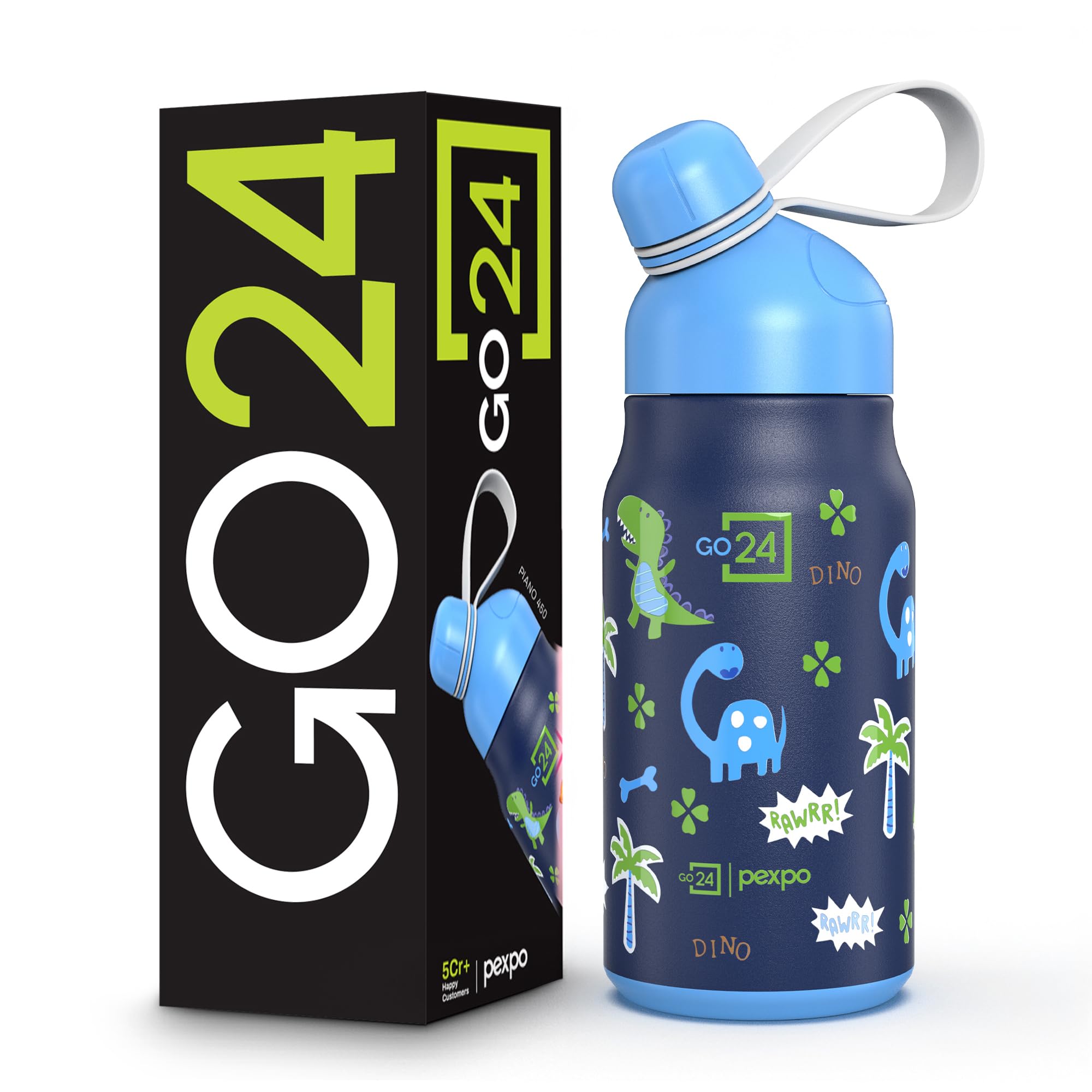 Go24 pexpo Stainless Steel Kids Water Bottle Piano Denim Blue - Dinosaur