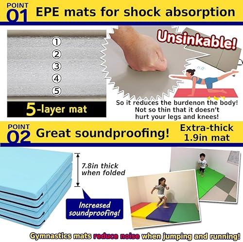 Vista 20 de Alfombrilla de gimnasia plegable de 71"x31"x2" para estiramiento, entrenamiento muscular, para niños, barra horizontal de juego, alfombrilla