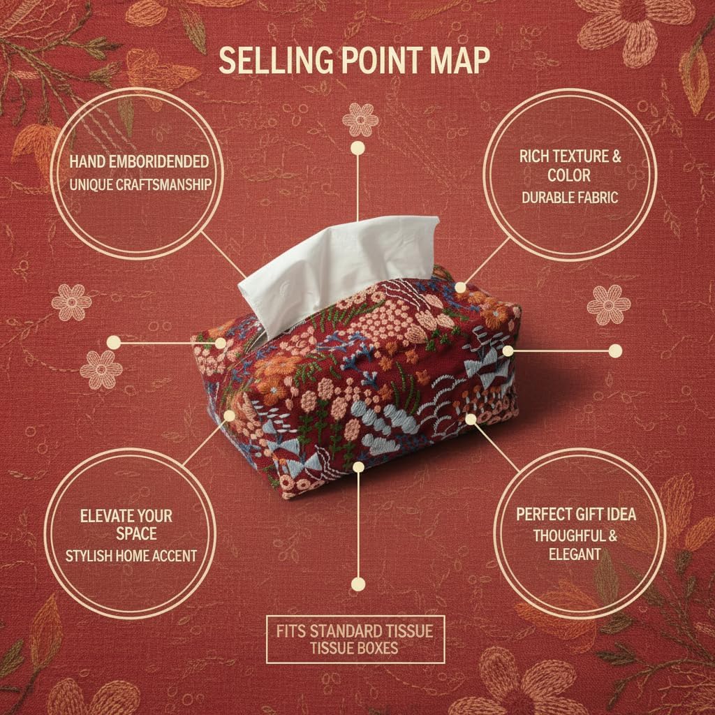 Floral Pattern Tissue Box Cover, Burgundy Red with Embroidered Design