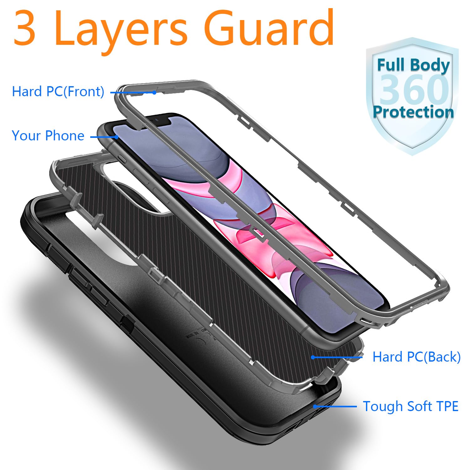 YmhxcY Custodia per iPhone 11 Pro, grado militare 3 in 1, resistente