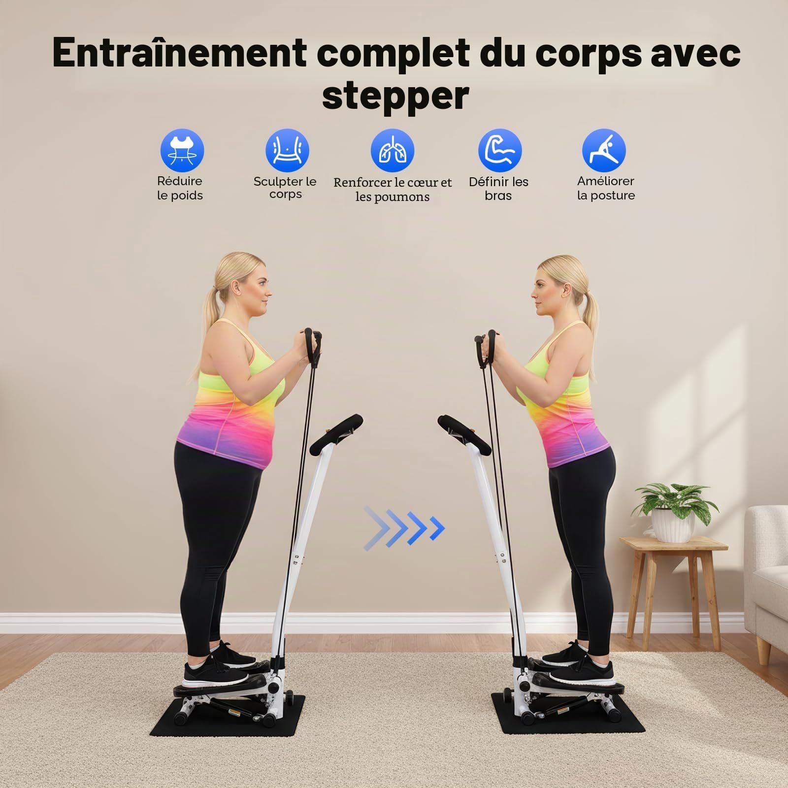 Stepper de fitness, machine à stepper avec guidon, résistance de 150 kg, hauteur d'entraînement réglable, système d'entraînement hydraulique pour perdre du poids, formes et entraînement