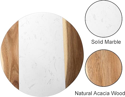 Miniatura 4 de Okllen Tabla de queso de mármol de 12 pulgadas y tabla de servir de madera de acacia, bandeja redonda de mármol hecha a mano para queso, embutidos,
