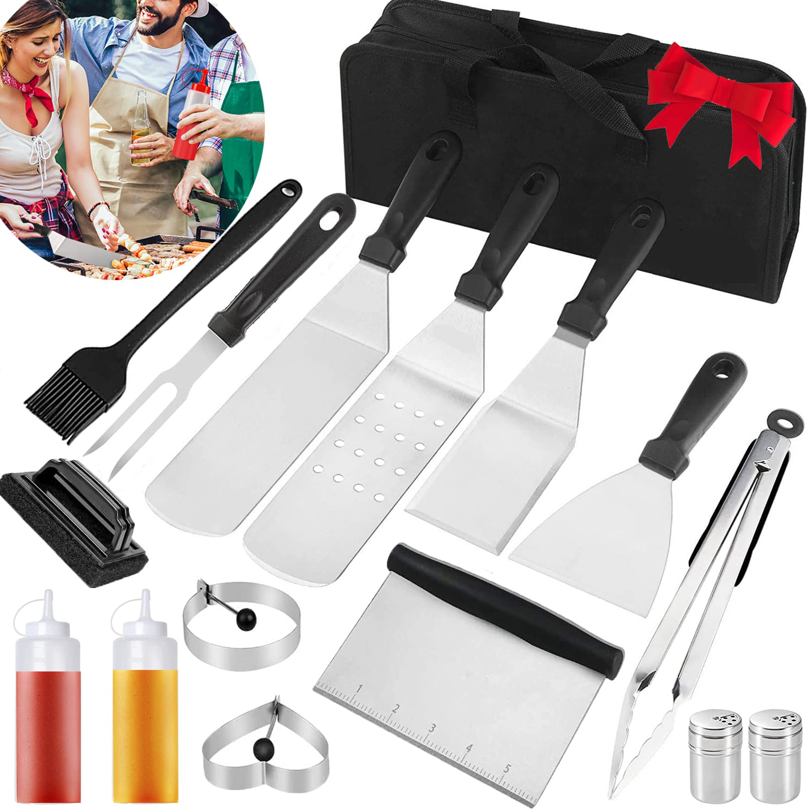 Griddle Accessories Kit, 16PCS Flattop Outdoor Griddle Grill Accessories Set, Spatula,Scraper, Griddle Cleaning Kit & Carry Bag, Great for Outdoor BBQ & Camping