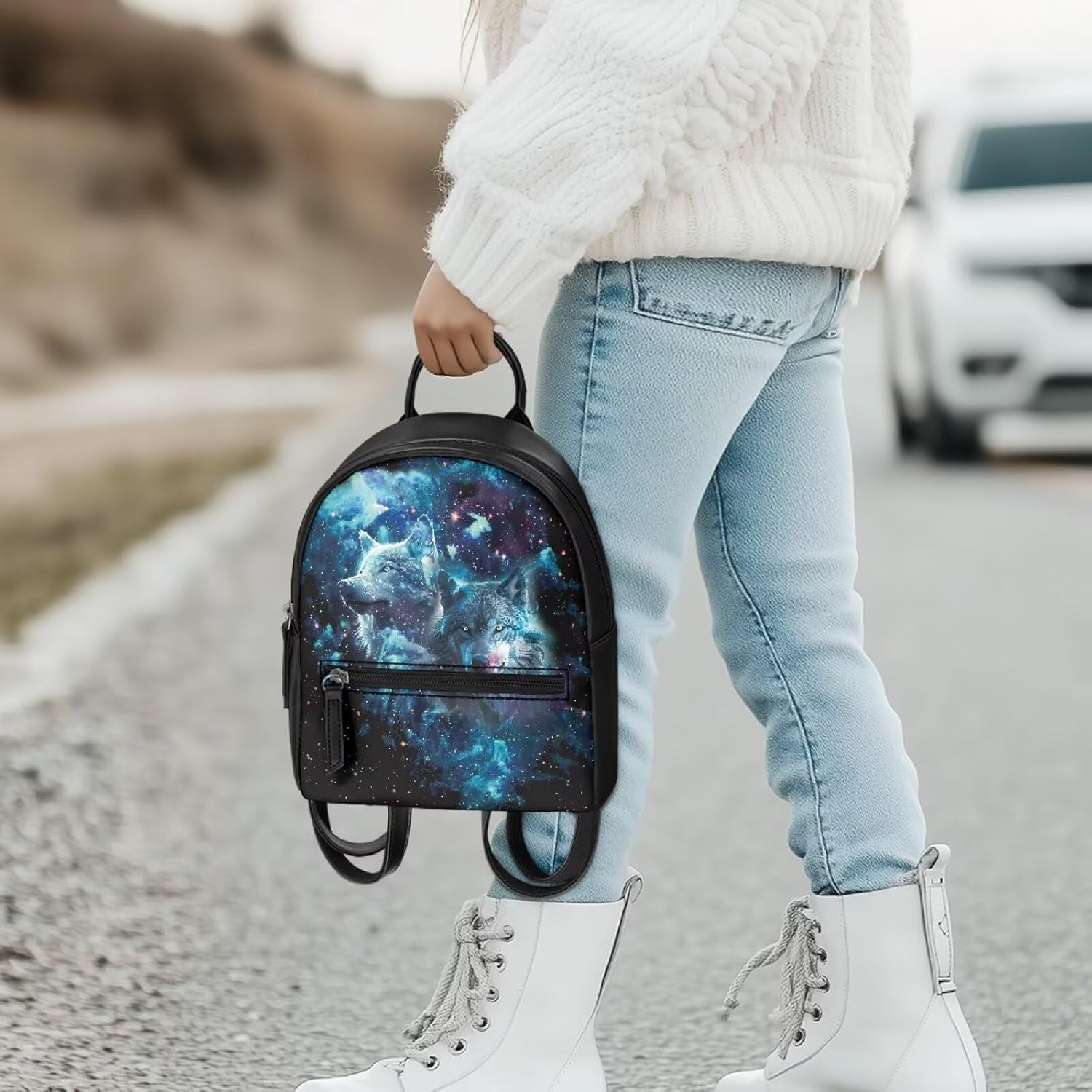 Amzbeauty Starry Sky Wolf Print Cute Mini Backpack Purse For Girls Teens Women Purses Pu Leather Small Shoulder Bag For Women Ladies - Image 4