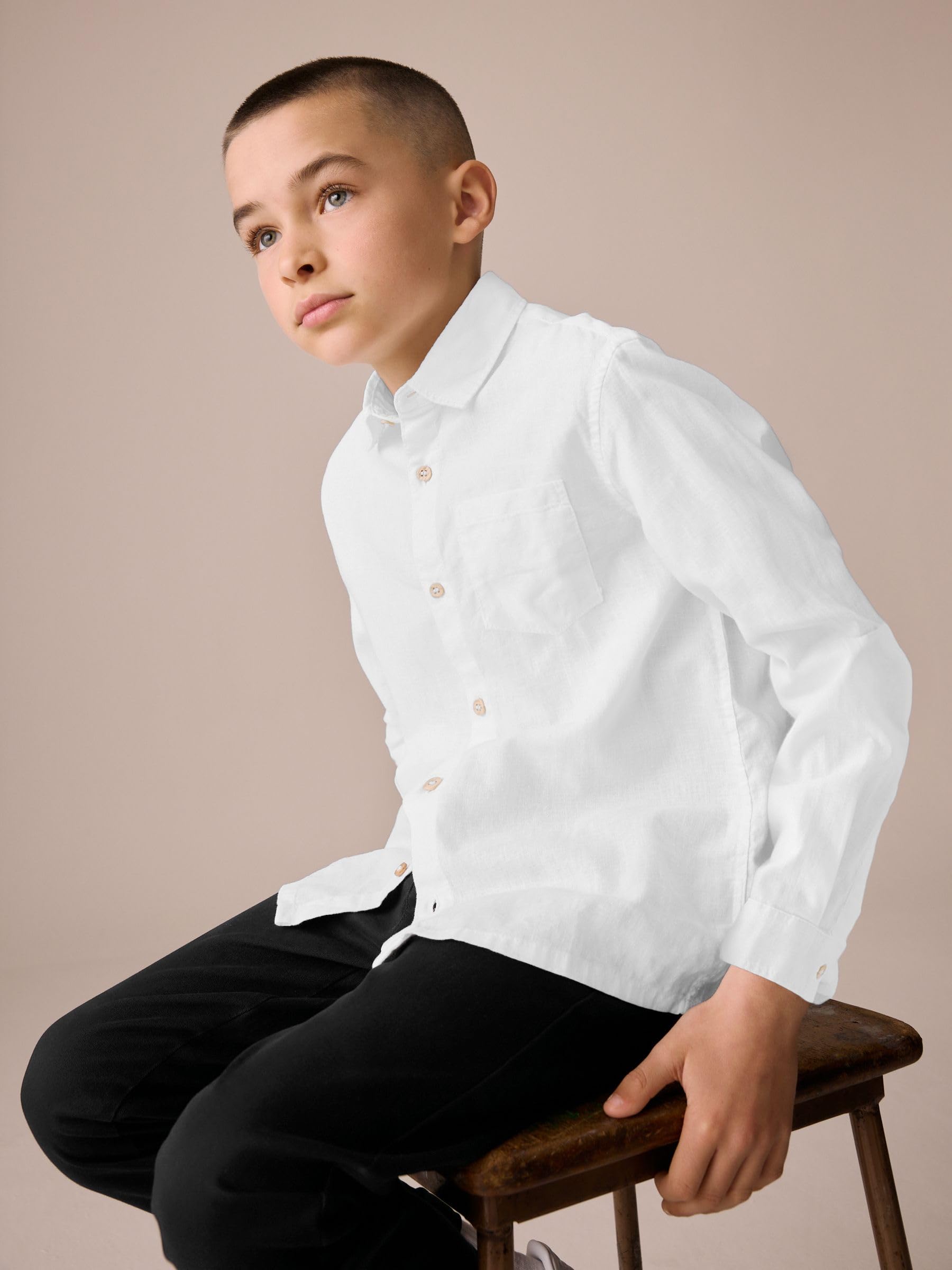NEXT Ragazzo Camicia in Lino a Maniche Lunghe