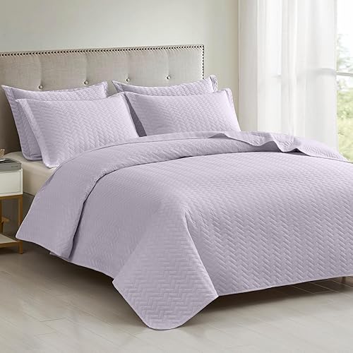 Miniatura 3 de Maple&Stone Juego de edredón morado lila, tamaño King, colcha ligera con patrón de cheurón ultrasónico para todas las estaciones, edredón decoración