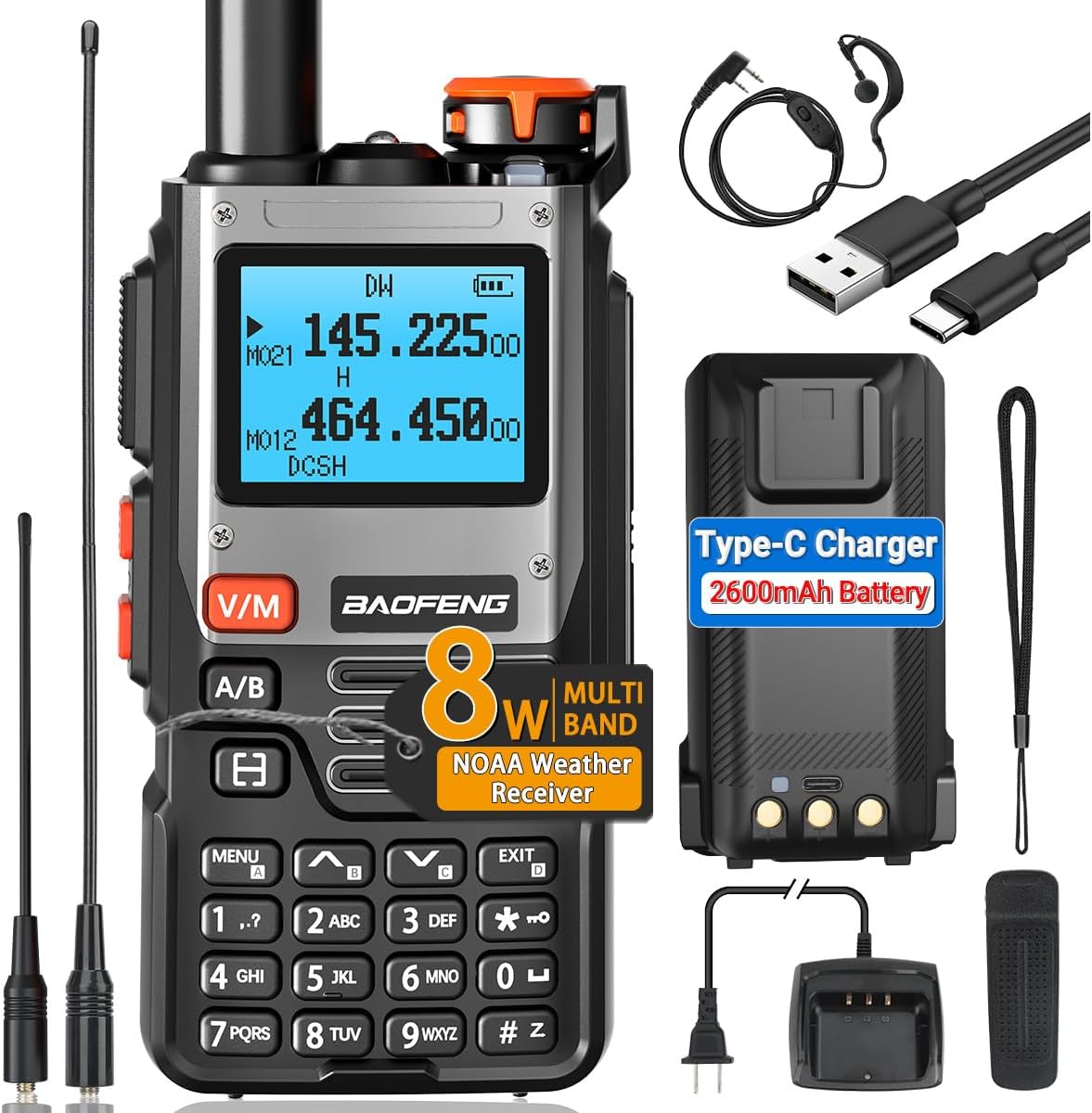 BaoFeng Radio Ham Radio Handheld K61 8W Rechargeable Walkie Talkies 2600mAh NOAA Weather Receiver 999CH Two Way Radio 2 Way Radio Long Range with Earpiece,USB-C Charger for Hunting Camping