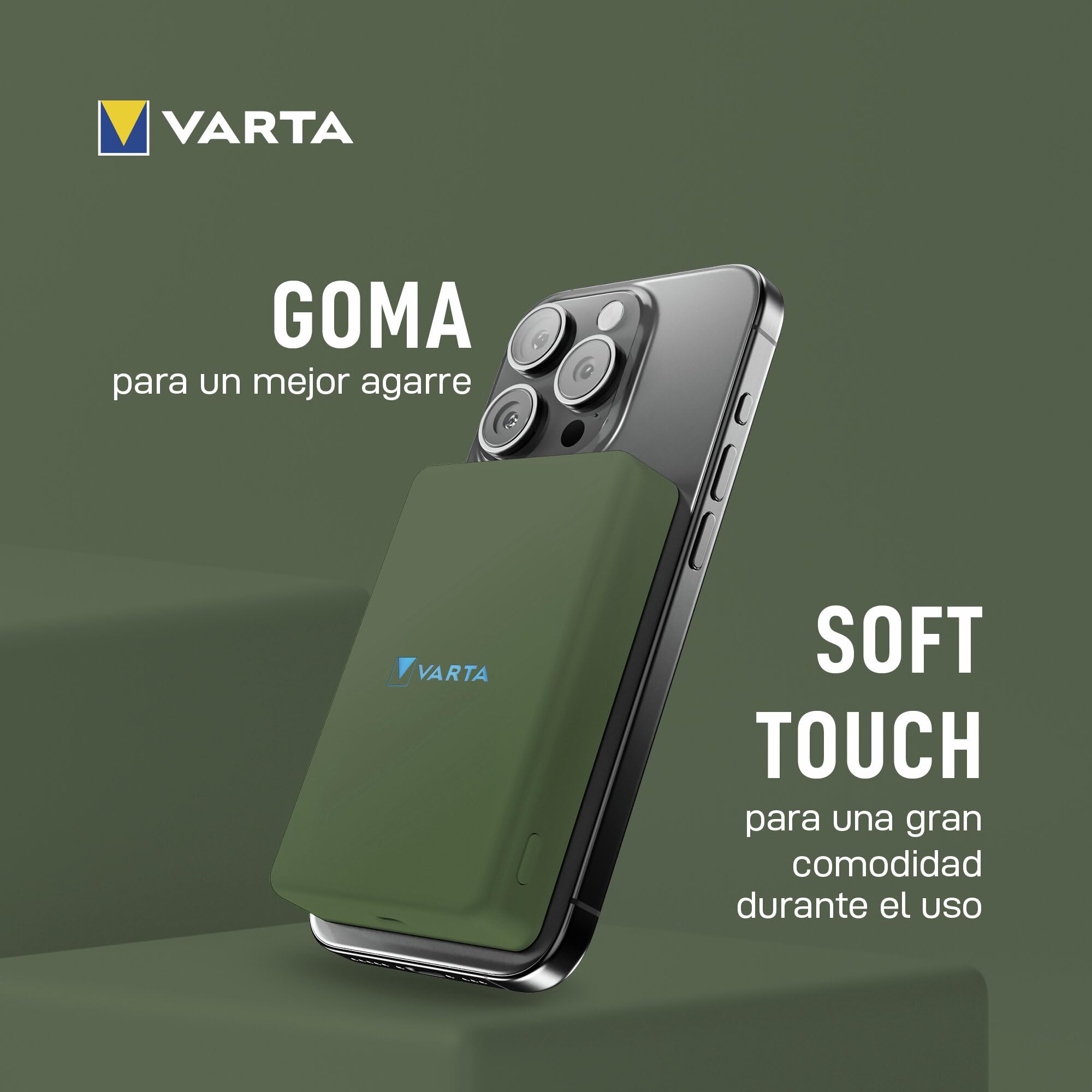VARTA Batería Externa 5.000mAh, Power Bank inalámbrico magnético, Mag Pro Power on Demand, wireless, 7,5W, cargador con USB Tipo C, compatible con MagSafe y Qi Standard (iPhones y Android), verde | Power on Demand, carga inalámbrica MagSafe y Qi, cargador
