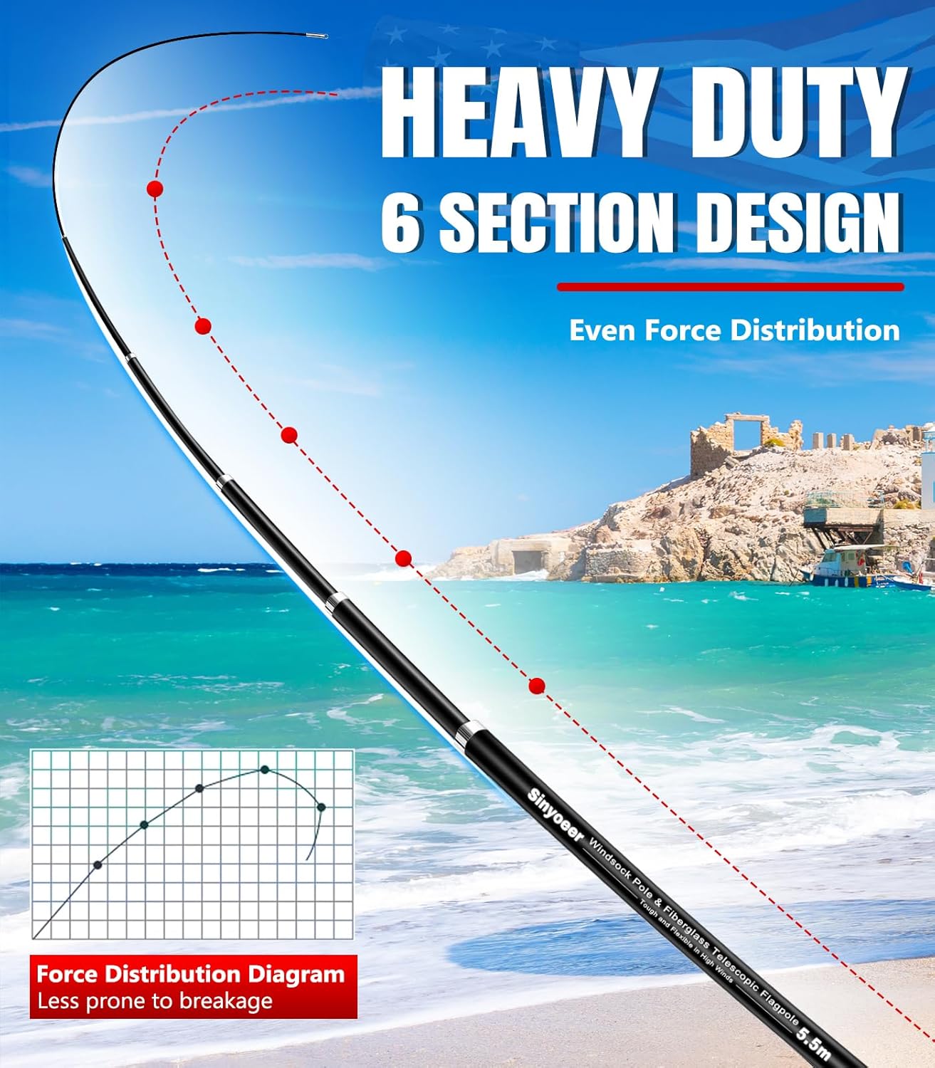 18FT Telescoping Wind Sock Pole, Fiberglass Telescopic Flag Pole Pole for Outdoor RV Farm Parks Airport, Retractable Wind Sockpole (18 FT)