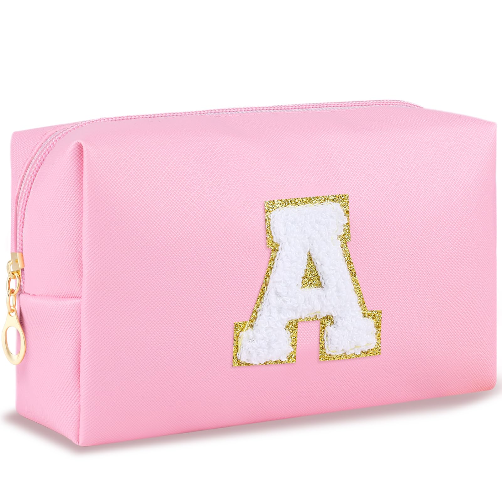 URSKYTOUS Initial Makeup Bag Personalized Preppy Cosmetic Bag Travel Toiletry Bag Waterproof PU Small Makeup Pouch Bag for Purse Birthday Gift Cute Stuff for Teen Girls Women (Pink A)