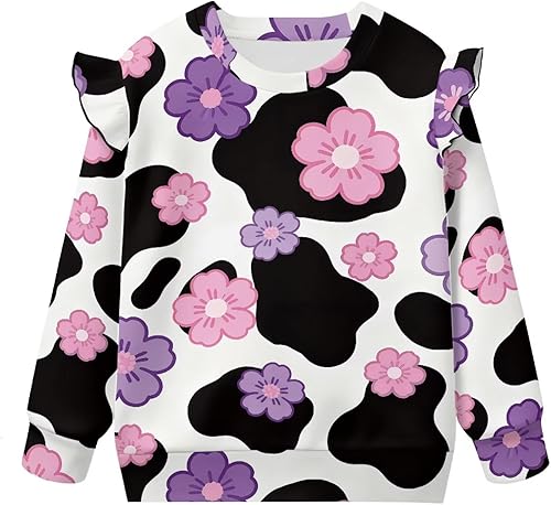 Suobstales Girls Sweatshirt Toddler Kids Long Sleeve T Shirt Ruffle Pullover Tee Tops Oversized Sweater Shirts Fall Clothes(Cow Flower,1-2T)