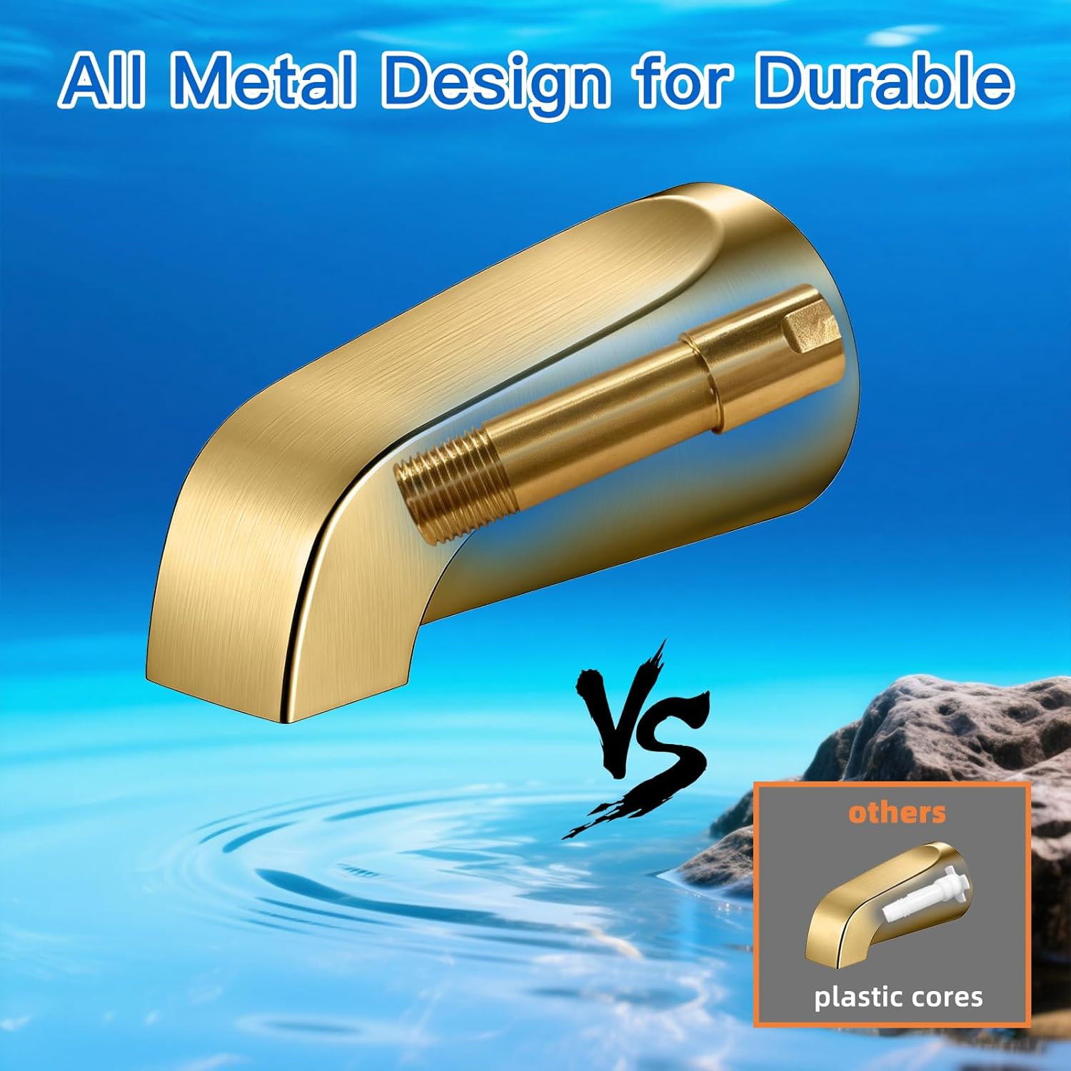 Tub Spout without Diverter, Slip-On Tub Spout, Heavy Duty All Metal Bathtub Faucet with brass,Shower Slip-on Bathtub Faucet for 1/2 Inch Copper Pipe,5-3/8 Inch Bath Tub Faucet Replacement,Brushed Gold