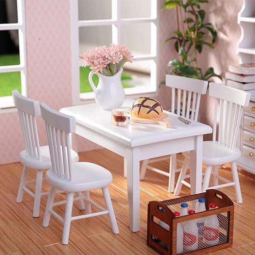 Juego de sillas de mesa de casa de muñecas 1/12, 17 piezas de muebles de cocina en miniatura de madera con accesorios de desayuno para comedor