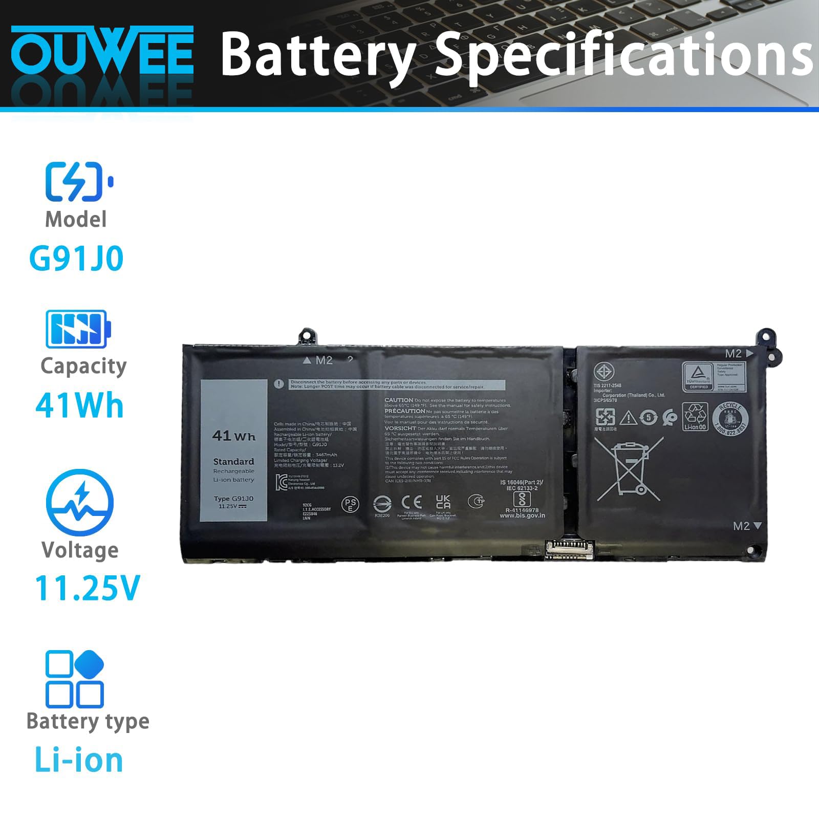Inspiron 15 3511 3525 5510 Batteria G91J0 41Wh Per Dell Latitude E Inspiron - Compatibile Con 3320, 3420, 3511, 3525, 5510, Vostro E Altri Batteria Per Dell Vostro E Inspiron Serie