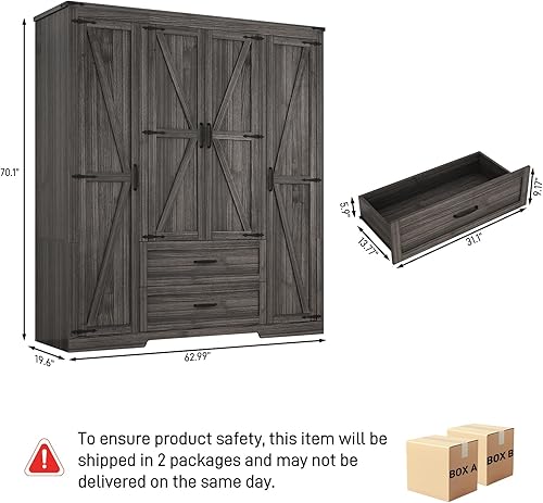 Miniatura 2 de Armario de 4 puertas con puertas y cajones, armario de madera de granja con estantes y barra para colgar para dormitorio, color gris