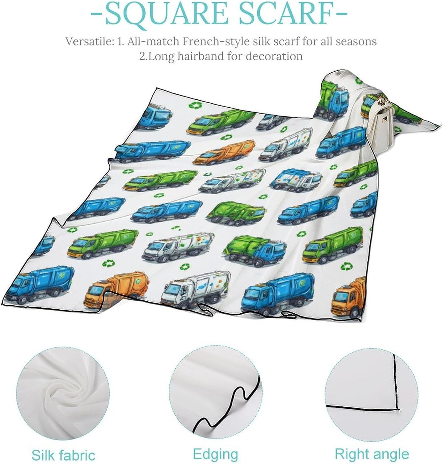 Garbage Truck Silk-Like Square Scarf for Women Vintage Printed Neck Scarf Bandanas Hair Scarves
