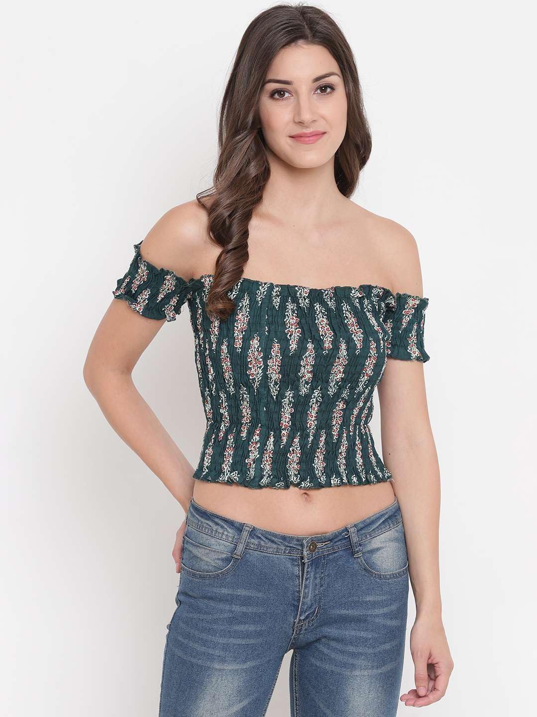 Zenvy Crafts Women's Rayon Printed Off-Shoulder Smocked Crop Top Short Sleeve Casual Styles Tank Top (Free Size) Multi37