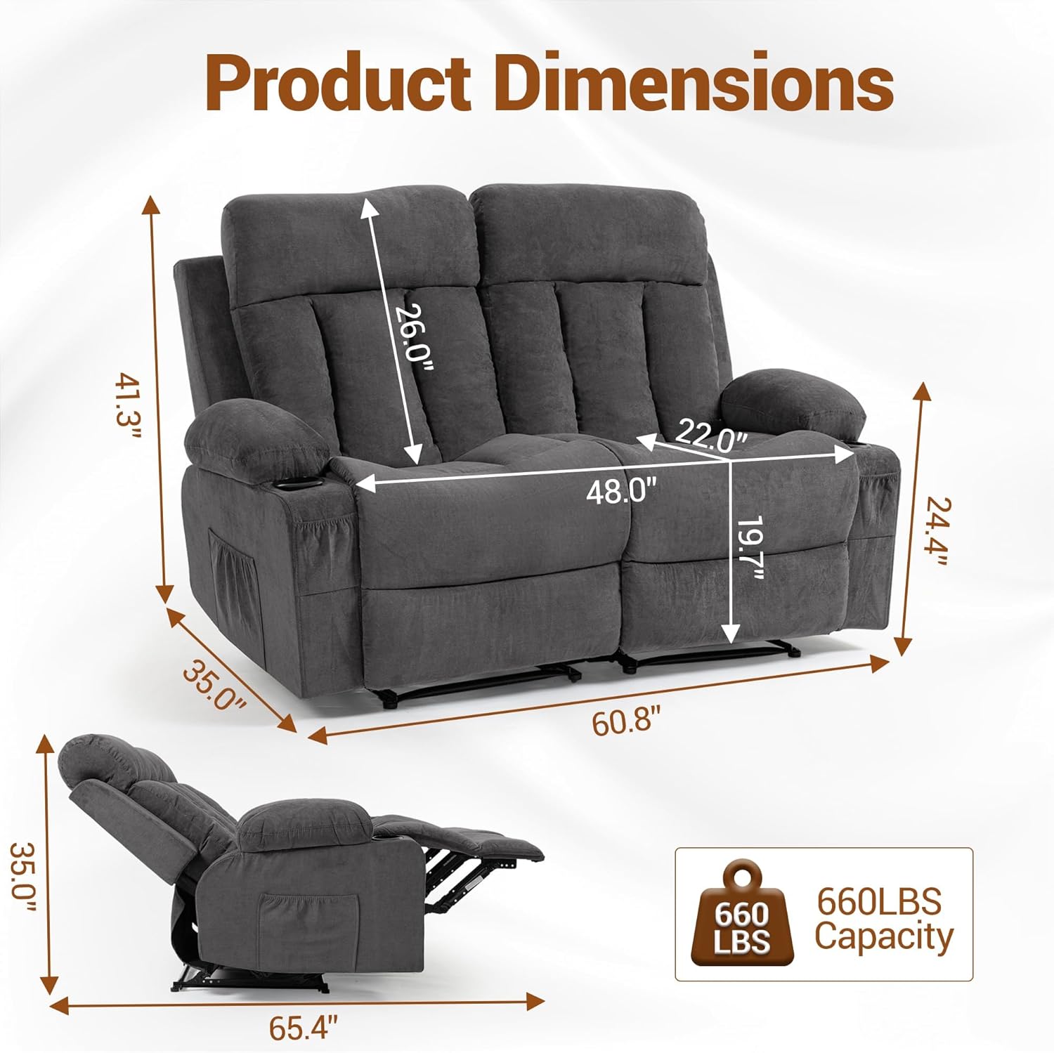 Reclining Loveseat with Console & Double Cup Holder, 60” Love Seat Fabric Recliner Couch, 2 Seater Scranto Style Sofa Furniture for Home Theater Living Room Office, Grey