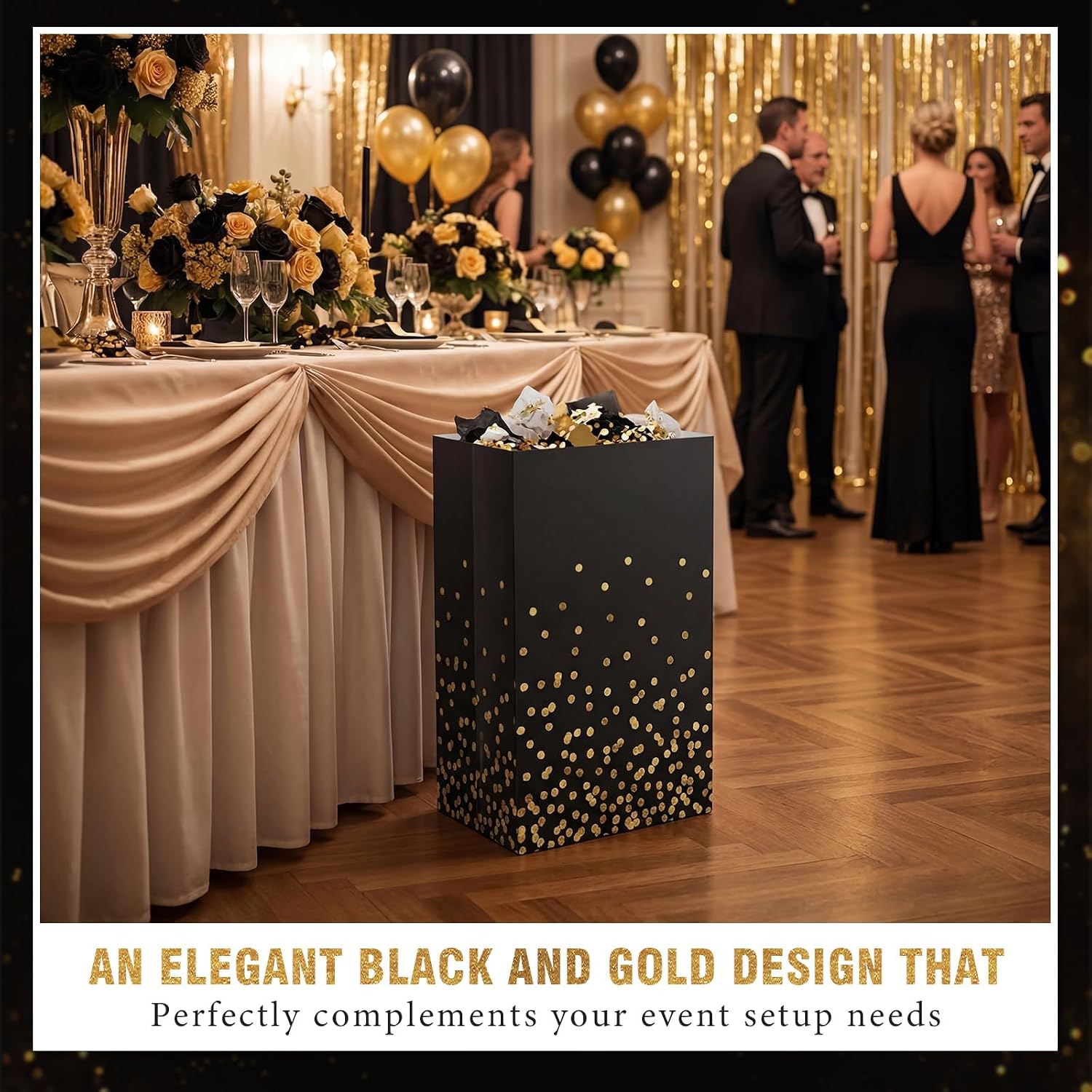 Tinlade 6 Pack 13 Gallon Pop up Trash Cans Black and Gold Disposable Garbage Cans for Party Large Waterproof Trash Can Foldable Bins for Graduation Prom Birthday Anniversary Party Gathering