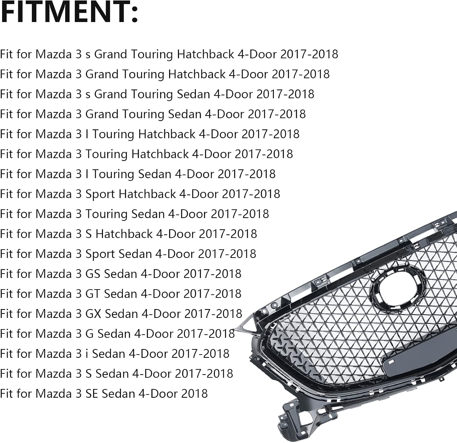 Front Bumper Upper Grille without Sensor Hole Black Honeycomb Trim Automotive Grille Compatible with Mazda 3 Axela 2017-2019