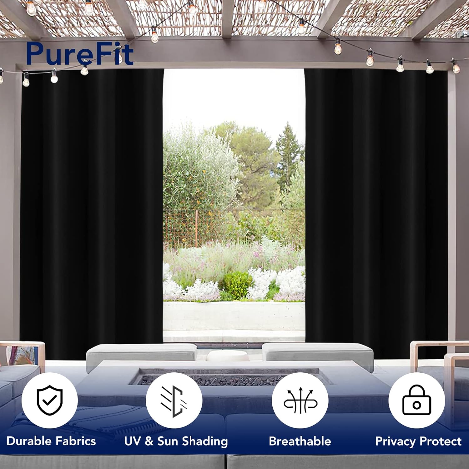 PureFit Outdoor Curtains for Patio Waterproof Weatherproof, UV Resistant Outside Curtains for Gazebo, Front Porch, Pergola, Sun Blocking Privacy Curtain, 52W x 95L inch, 1 Panel, Black