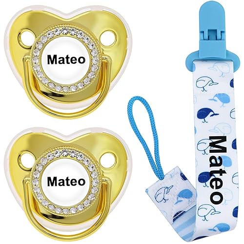 Miniatura 3 de Juego de chupetes personalizados con nombre, sin BPA, dorado, plateado, rosa, oro rosa, lujoso, regalo ideal para recién nacidos (rosa)