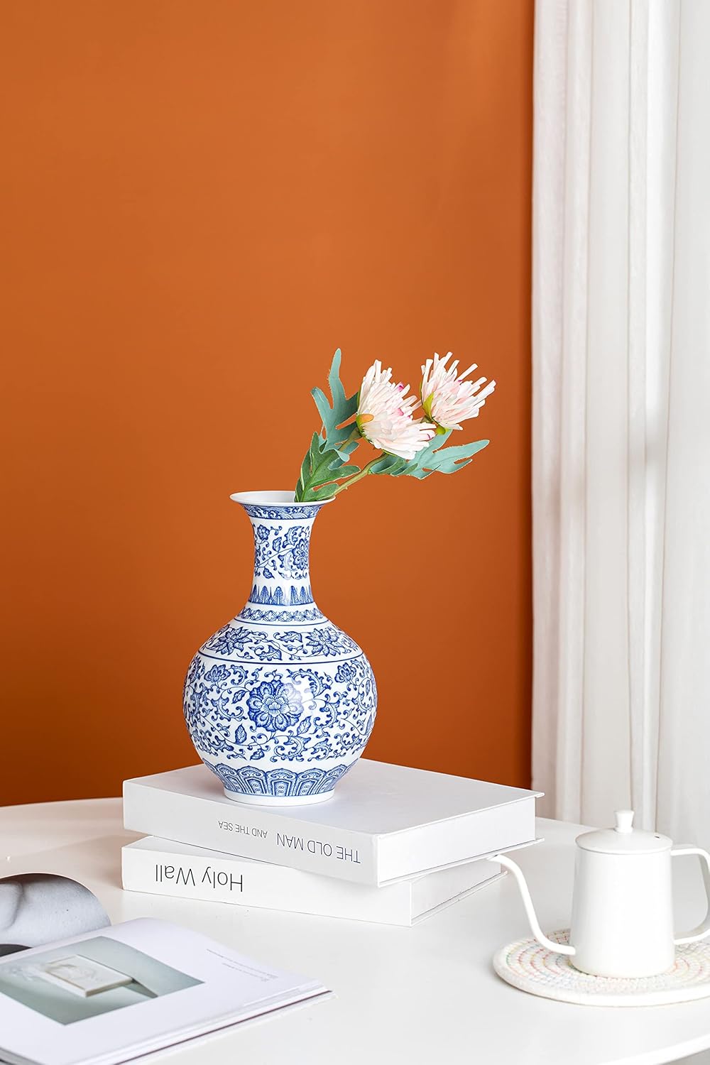 Blue and White Vase, Blue Vases Home Décor, Chinoiserie Vase, Blue and White Porcelain, Ceramic Vase for Home, Living Room, Bookshelf, Mantle Fireplace,Table Centerpieces,9.5"