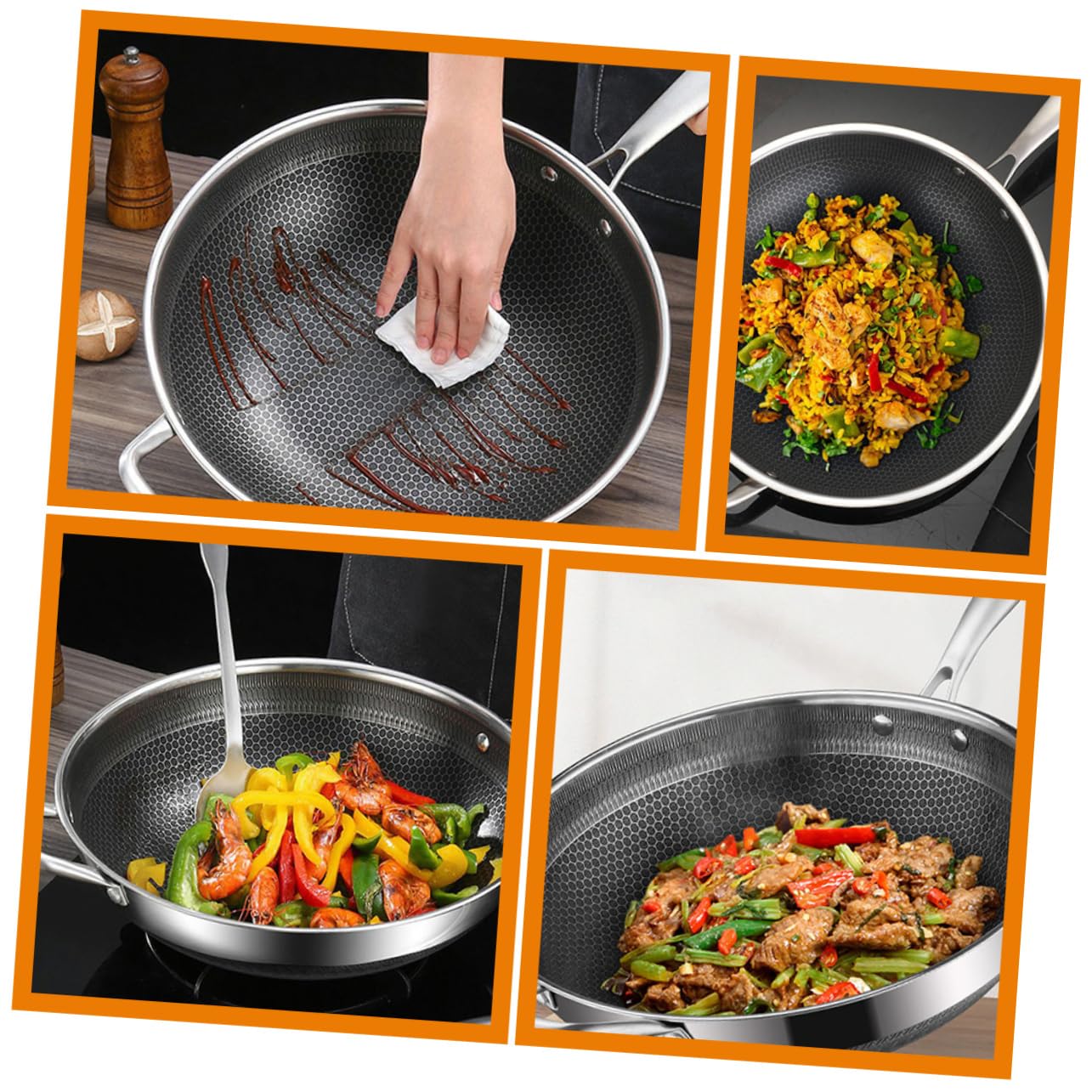 Ciieeo Padella wok a nido d'ape in acciaio inox a doppia maniglia con fondo piatto per a gas e induzione accessorio da cucina pentola antiaderente
