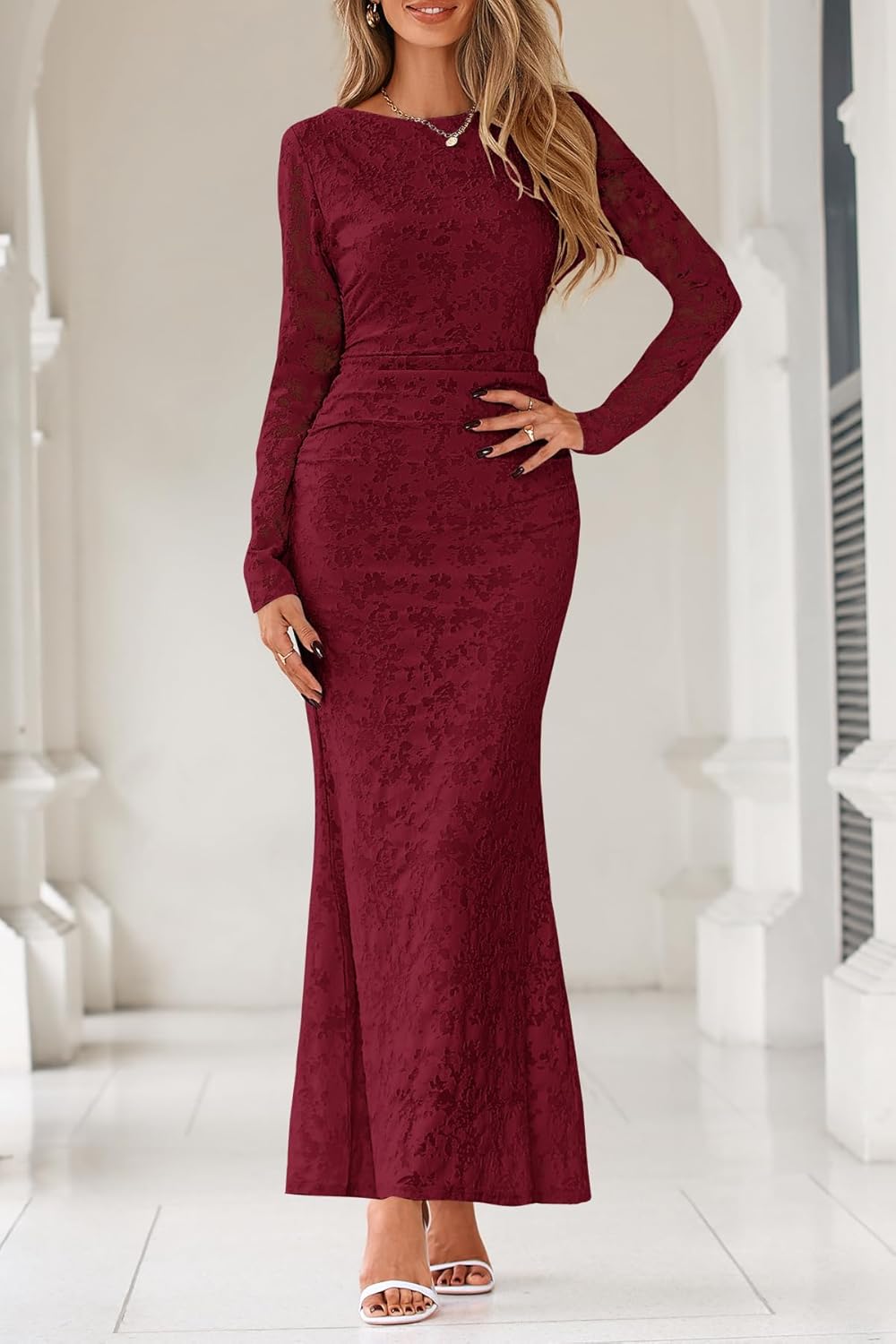 MITILLY Women's Formal Long Sleeve Dress Fall Elegant Floral Bodycon Ruched Cocktail Party Maxi Dresses New - Image 4