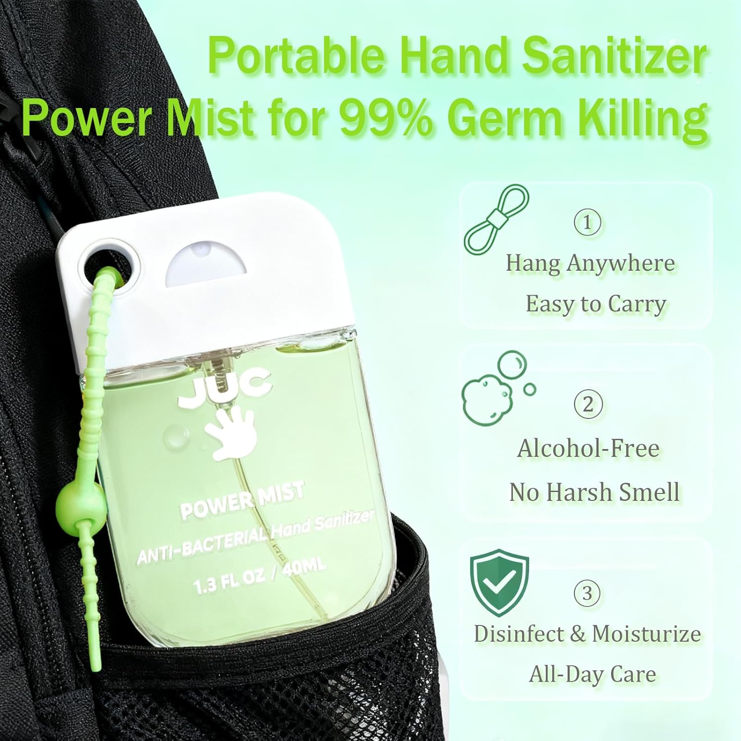 JUC Power Mist Hand Sanitizer Spray 3Pack - Reusable Bottle with Keychain Lemon+Peach+Mint Scents for Travel & Daily Essential - Image 4