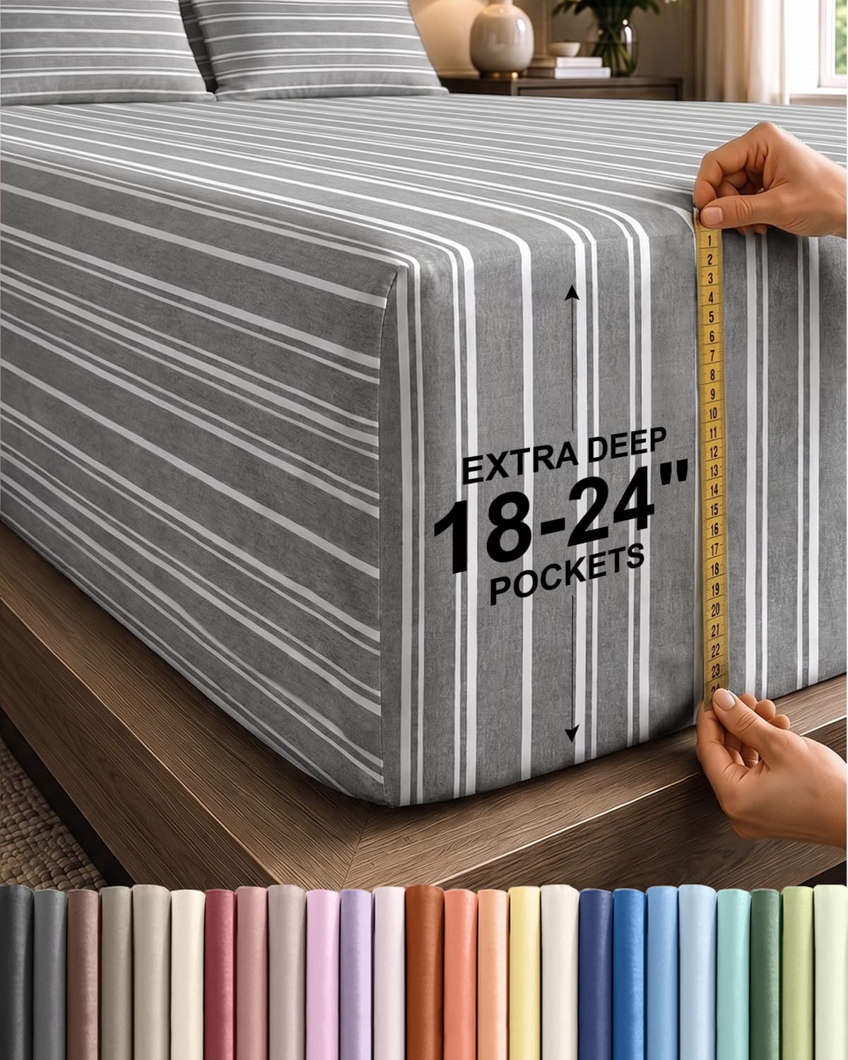 CGK Extra Deep King Single Fitted Sheet Only - Grey Stripes