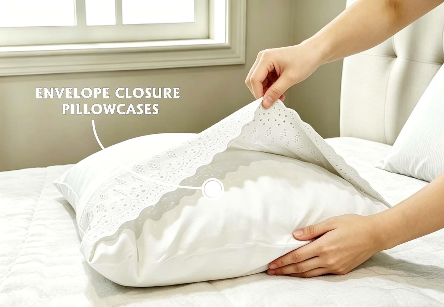 Soft Microfiber Eyelet Lace Embroidery 4 Piece Sheet Set - Luxurious Microfiber Bed Sheets - Includes Flat Sheet, Fitted Sheet with Deep Pockets, & Pillowcases (White, Queen (U.S. Standard))