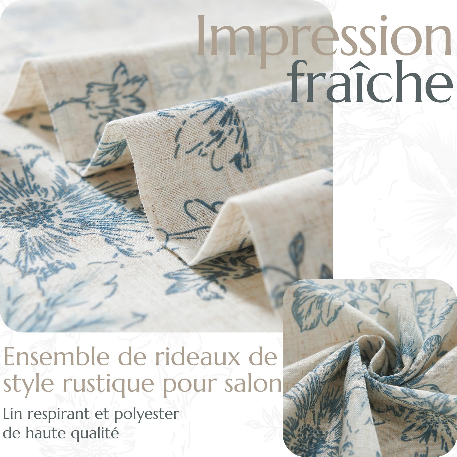 TOPICK Tende in lino con nastro arricciato, traslucide, per soggiorno, camera da letto, finestra, set da 2 pezzi, 140 x 245 cm (larghezza x altezza), blu su beige